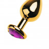 Золотистый анальный плаг с фиолетовым кристаллом-сердцем - 8 см.