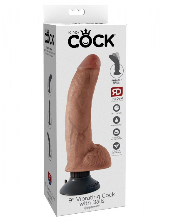 Кофейный виброфаллос со съемной присоской 9  Vibrating Cock with Balls - 22,9 см.