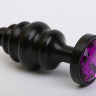 Чёрная ребристая анальная пробка с фиолетовым кристаллом - 7,3 см.
