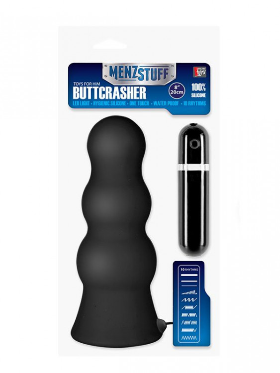 Чёрная анальная втулка большого размера с вибрацией MENZSTUFF VIBRATING BUTTCRASHER PAWN - 20 см.