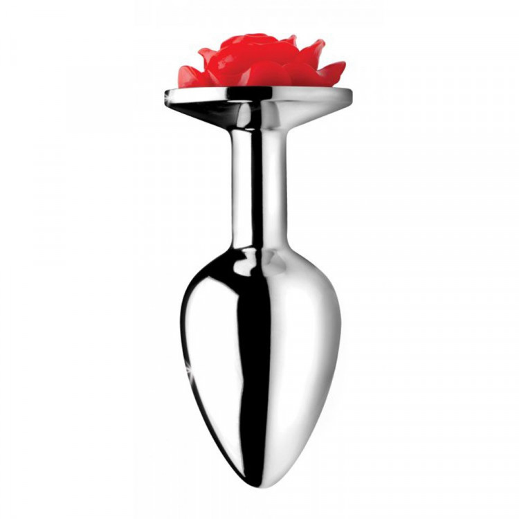 Серебристая анальная пробка с розой Red Rose Butt Plug - 8 см.