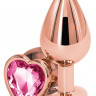 Золотистая анальная втулка с розовым кристаллом в виде сердечка - 7 см.