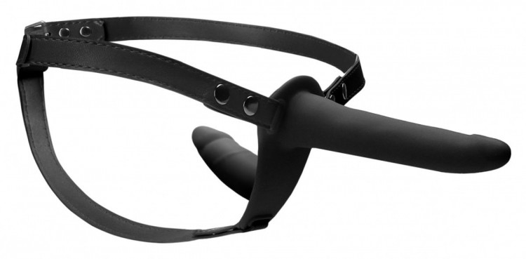 Черный двойной страпон Adjustable на ремешках - 16 см.