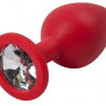 Красная силиконовая анальная пробка с прозрачным стразом - 8,2 см.