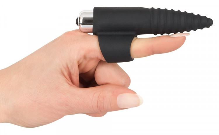 Черная вибронасадка на палец с винтовым наконечником Finger Vibrator - 10,5 см.