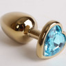 Золотистая анальная пробка с голубым кристаллом-сердцем - 9 см.