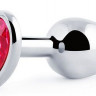 Серебристая анальная пробка с малиновым кристаллом-сердечком - 7 см.