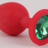 Красная силиконовая анальная пробка с зеленым стразом - 8 см.