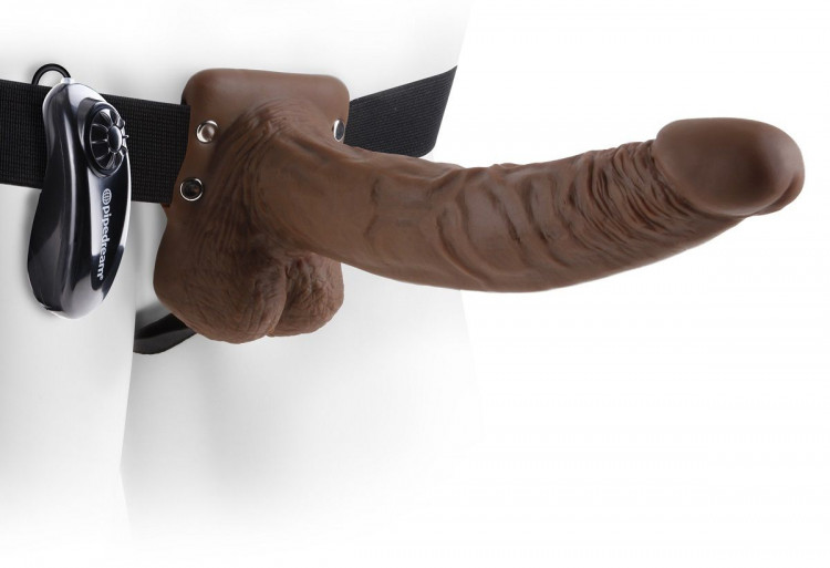 Коричневый фаллопротез с вибрацией 9  Vibrating Hollow Strap-On with Balls - 24 см.