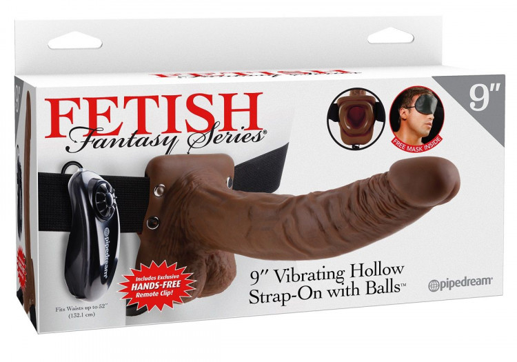 Коричневый фаллопротез с вибрацией 9  Vibrating Hollow Strap-On with Balls - 24 см.