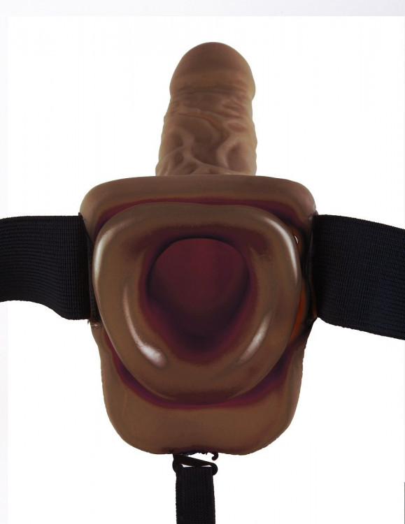Коричневый фаллопротез с вибрацией 9  Vibrating Hollow Strap-On with Balls - 24 см.