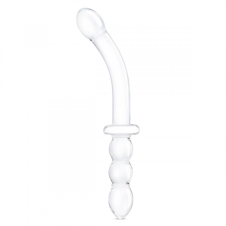 Изогнутый стеклянный фаллоимитатор 12’’ Girthy Ribbed G-Spot Glass Dildo With Handle Grip Double Ended - 30 см.