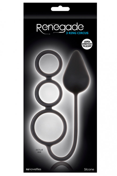 Чёрная анальная пробка Renegade 3 Ring Circus Large Black с эрекционными кольцами 