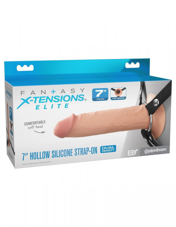 Телесный полый страпон на черных ремнях Hollow Silicone Strap-on - 17,8 см.