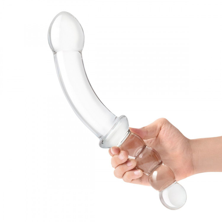 Стеклянный двусторонний фаллоимитатор 12,5’’ Girthy Double Sided Dong With Anal Bead Grip Handle - 32 см.