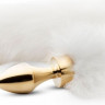 Золотистая анальная пробка с белым пушистым хвостом Fox Tail Plug