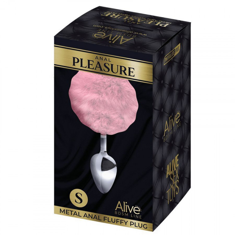 Серебристая анальная втулка с розовым хвостиком Alive Metal Anal Fluffly Plug S