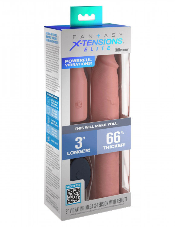 Телесная вибронасадка на член 3  Vibrating Mega X-tension with Remote - 22,9 см.