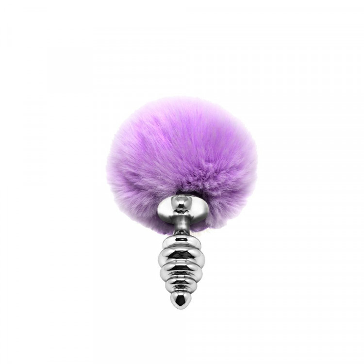 Серебристая анальная пробка с сиреневым помпоном Metal Anal Fluffly Twist Plug S