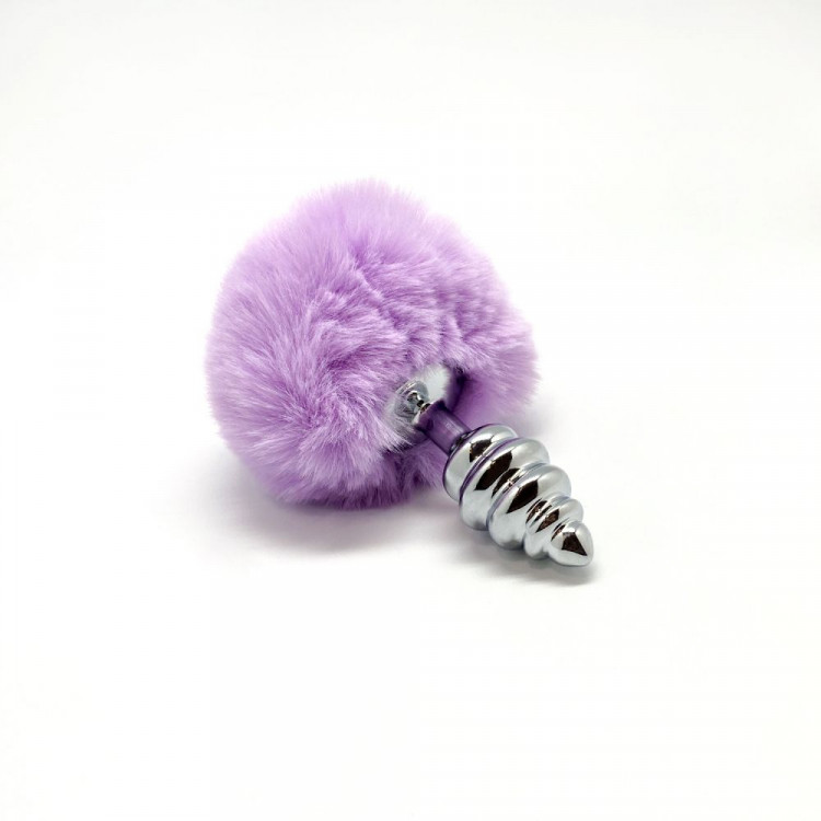 Серебристая анальная пробка с сиреневым помпоном Metal Anal Fluffly Twist Plug S