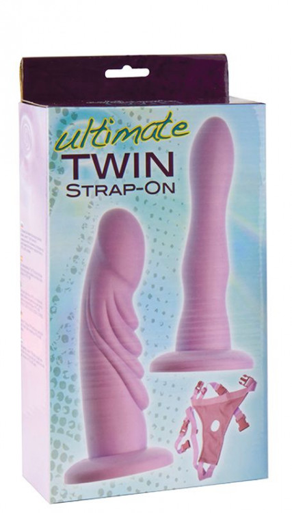 Женский страпон с 2 насадками-фаллосами ULTIMATE TWIN STRAP-ON - 17,8 см.