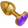 Золотистая анальная втулка с фиолетовым кристаллом-сердцем - 7 см.