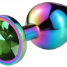 Разноцветная гладкая анальная пробка с зеленым кристаллом - 7,5 см.
