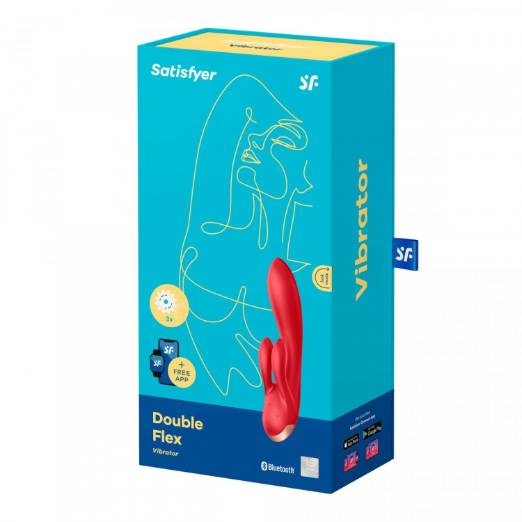 Красный вибратор-кролик Double Flex с двумя клиторальными отростками - 20,1 см.