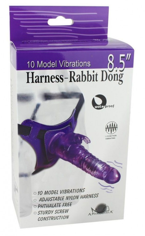 Розовый страпон 10 Mode Vibrations 8.5  Harness Rabbit Dong - 19 см.