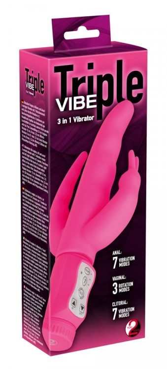 Ярко-розовый вибратор с двумя дополнительными отростками Triple Vibe - 23 см.