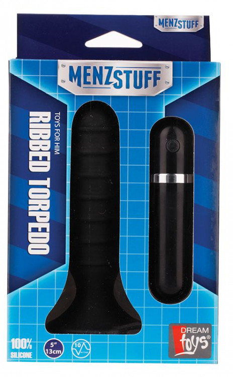 Чёрный вибромассажер для анальной стимуляции MENZSTUFF RIBBED TORPEDO - 13 см.