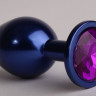 Синяя анальная пробка с фиолетовым стразом - 7,6 см.