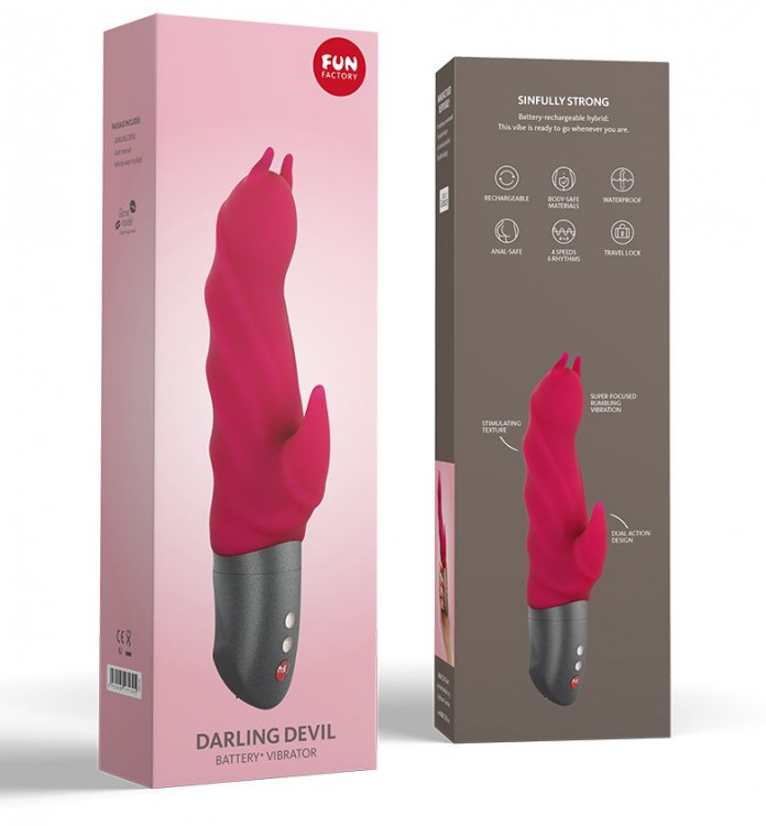 Малиновый вибратор Darling Devil с клиторальным отростком - 20,5 см.