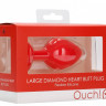 Красная анальная пробка с прозрачным стразом Large Ribbed Diamond Heart Plug - 8 см.