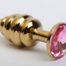 Золотистая ребристая анальная пробка с розовым стразом - 7,3 см.
