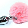 Серебристая округлая анальная пробка с заячьим хвостиком розового цвета - 11,5 см.
