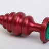 Красная ребристая анальная пробка с зеленым стразом - 7,3 см.