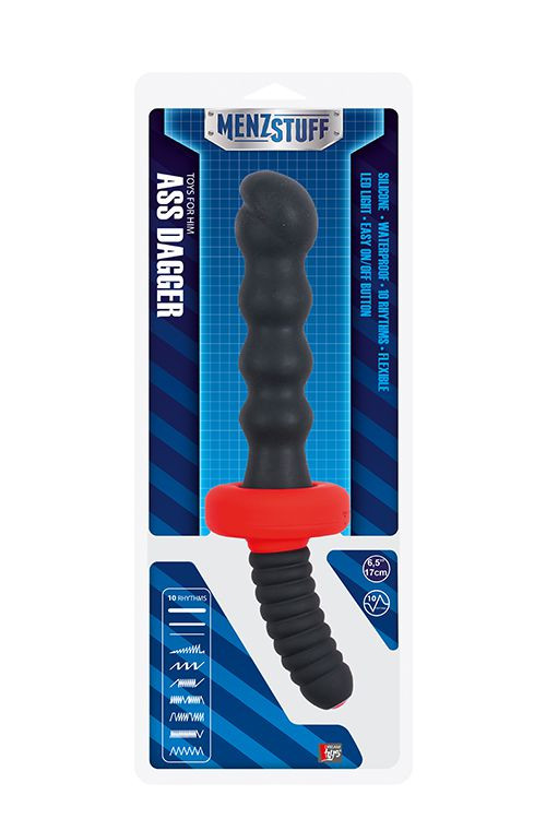 Чёрный двусторонний вибромассажер для анальной стимуляции MENZSTUFF ASS DAGGER KNOTTED - 30 см.