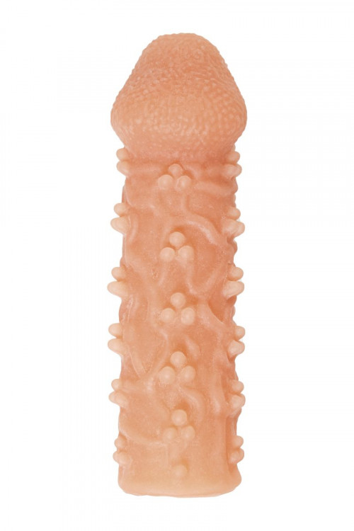 Телесная закрытая насадка с пучками шишечек Cock Sleeve Size L - 17,6 см.