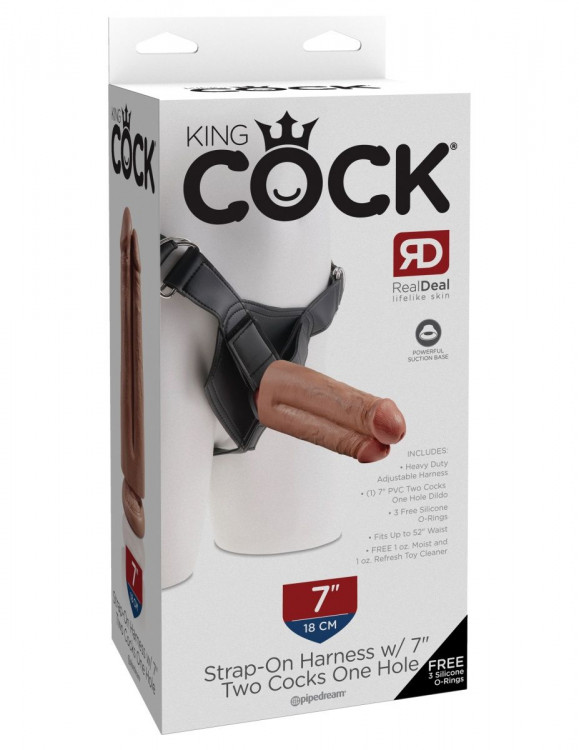 Кофейный сдвоенный поясной страпон Strap-On Harness with 7  Two Cocks One Hole - 19,1 см.