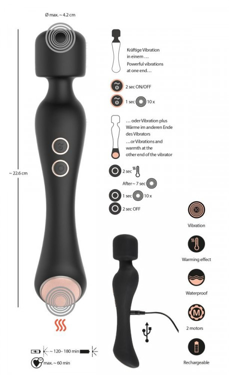 Черный вибромассажер с подогревом Cupa Warming Wand - 22,6 см.